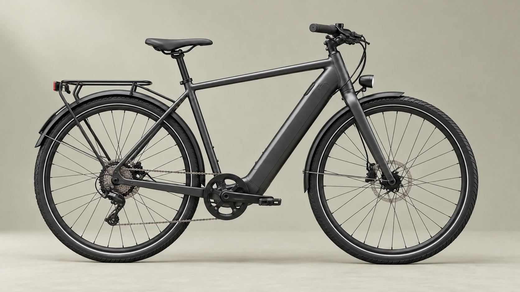 Veliro S, graphitfarbenes Touren-E-Bike mit Gepäckträger als Studioaufnahme